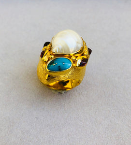 Baroque Pearl Turquoise Turmaline Stones Roman Ring