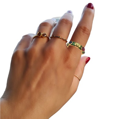Green Enamel Seven Multicolor Stones Ring