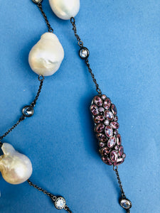 Baroque Pearl Diomond Cut Pink Zircon Statement  Necklace