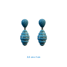 A pair of blue beehive-shaped earrings with a zirconia stone accent, measuring 3.5 cm x 1 cm.
