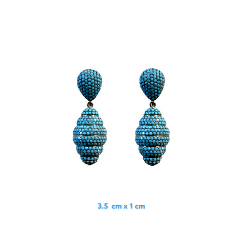 A pair of blue beehive-shaped earrings with a zirconia stone accent, measuring 3.5 cm x 1 cm.